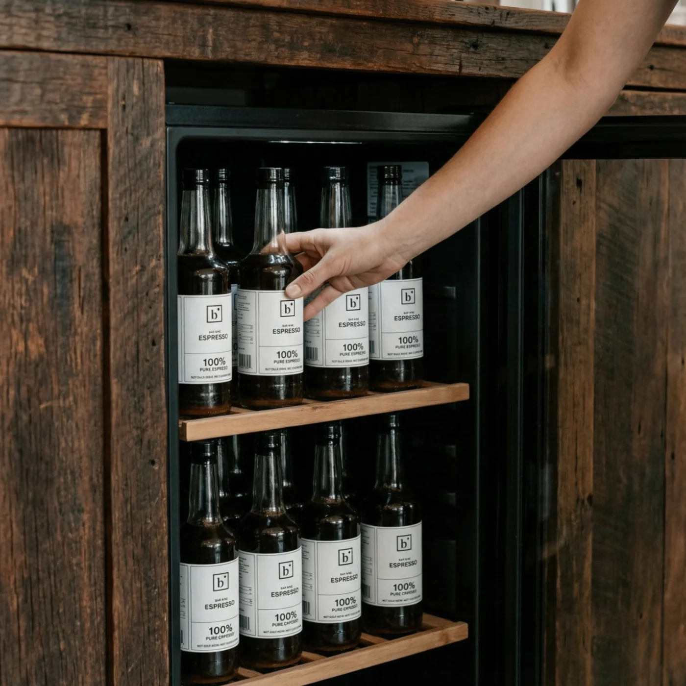 Bar Nine Pure Espresso bottles in a refrigerated display
